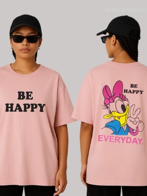Be Happy Oversized T-Shirt for Women – Pink | Drop Shoulder XL Tee