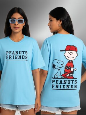 Peanuts Friends Oversized T-Shirt for Women – Sky Blue | Snoopy & Charlie Cartoon Tee (XL)