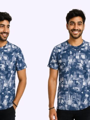 Men’s Blue Brushstroke Print T-Shirt – 100% Cotton | ShopiSoul