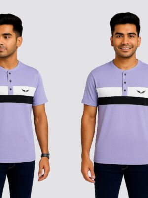 Men’s Lavender Henley T-Shirt with White & Black Panel – Cotton Blend | ShopiSoul