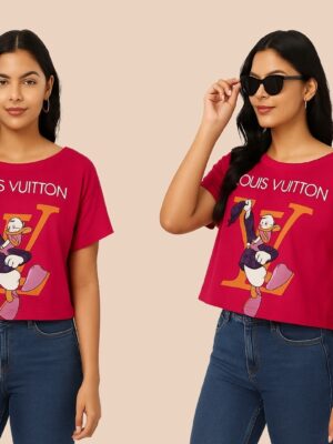 Trendy Louis-Inspired Cartoon Print Women’s Crop T-Shirt – Oversized Fit (Magenta)
