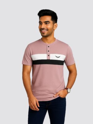 Men’s Mauve Henley Neck T-Shirt with Black & White Panel – Soft Cotton Blend | ShopiSoul