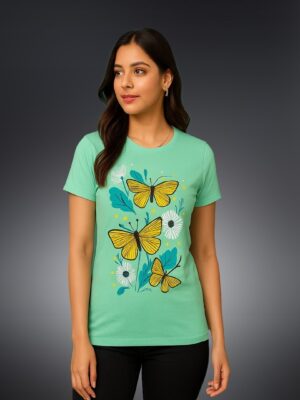 Mint Green Women's T-Shirt with Vibrant Butterfly & Floral Print – Available in M, L, XL