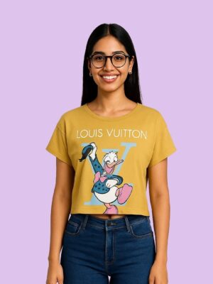 Women’s Oversized Crop Tee – Mustard Yellow Donald Duck Graphic T-Shirt | ShopiSoul