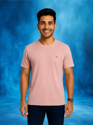 Men’s Pale Pink Ribbed Crew Neck Tee – Cotton-Blend Tshirt | ShopiSoul