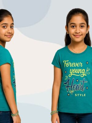 Girls’ Teal “Forever Young Heart Style” Graphic T-Shirt / Tee – 100% Cotton | ShopiSoul Kids