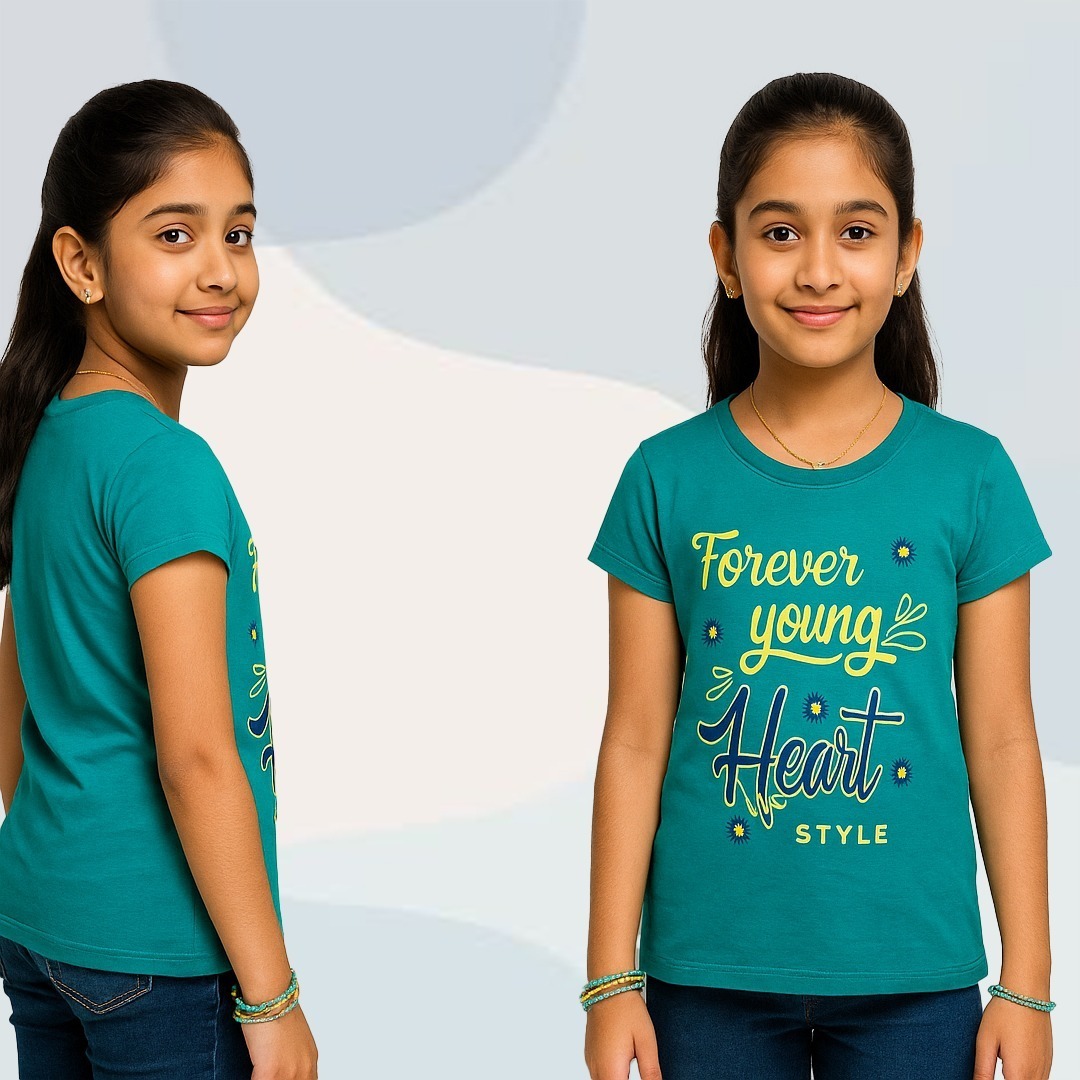 Girls’ Teal “Forever Young Heart Style” Graphic T-Shirt / Tee – 100% Cotton | ShopiSoul Kids