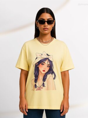 Anime Girl Graphic Oversized T-Shirt – Pastel Yellow (Women’s XL)