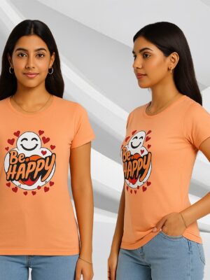 Be Happy Graphic Printed Women's T Shirt (Peach)