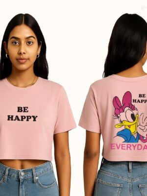 Be Happy Light Pink Crop Tshirt for Women – Soft Cotton Casual Tee