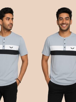 Men’s Stylish Panelled Henley T-Shirt – Grey | Premium Cotton Blend