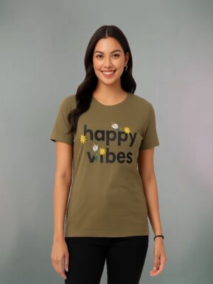 Happy Vibes Women's T-Shirt – Olive Green (M, L, XL)