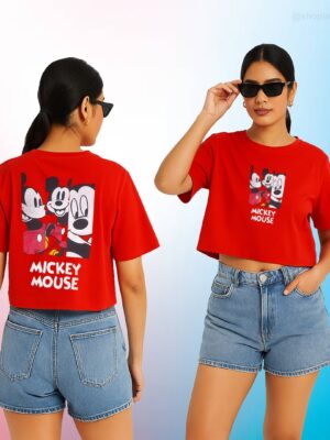 Red Mickey Mouse Oversized Crop T-Shirt for Women XL