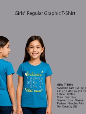Girls’ Teal “Believe HEY That Never” Graphic T-Shirt – 100% Cotton | ShopiSoul Kids