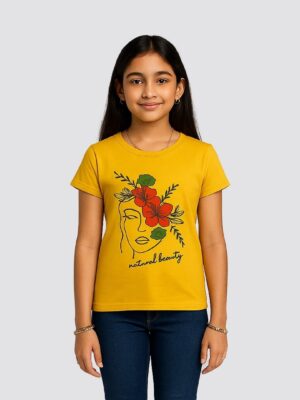 Girls’ Mustard Yellow “Natural Beauty” Graphic T-Shirt / Tee – Cotton Blend | ShopiSoul Kids