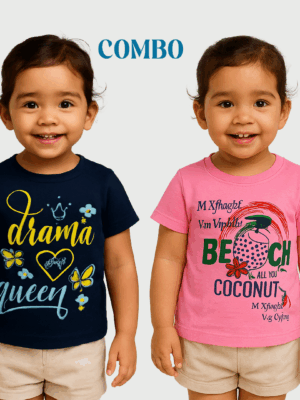 Cute Baby Girl T-Shirt Combo – “Drama Queen” Navy & “Beach Coconut” Pink (Size 0)