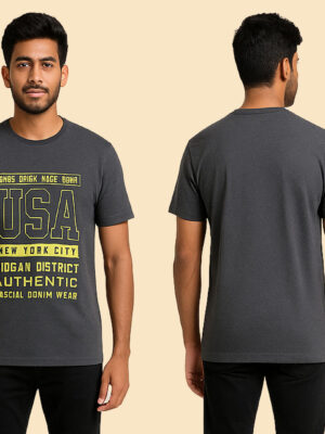 Men’s Dark Grey Cotton Graphic Print Regular Fit T-Shirt – Size XL (42 Chest)