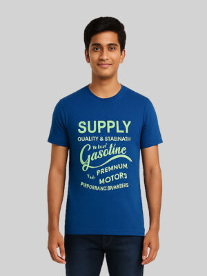 Men's Blue Cotton Graphic Print Regular Fit T-Shirt – Size S (36 Chest)
