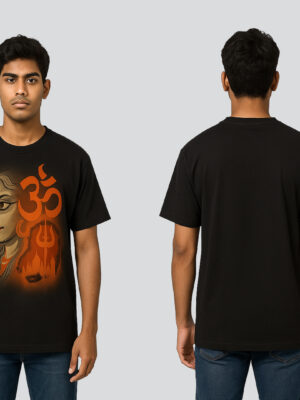 Men’s Black Cotton Om & Shiva Trishul Graphic Printed T-Shirt | Spiritual Puja Special Tee
