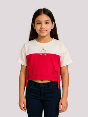 Girls Colorblock Crop T-Shirt / Tshirt / T-shirt with Side Pocket Flaps – Pink & Off-White