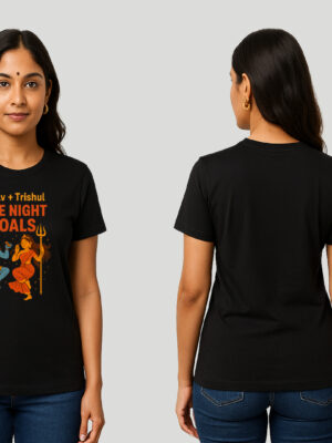 Black Cotton Tandav Trishul Couple Graphic Printed T-Shirt – Spiritual Festive Wear