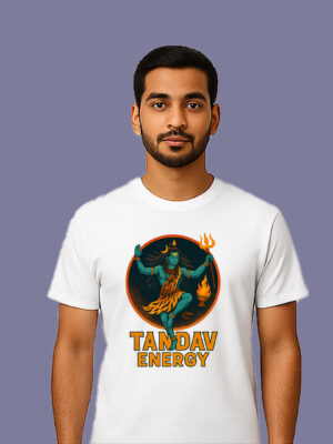 Men’s White Cotton Spiritual Graphic Print T-Shirt – Tandav Energy Festive Tee