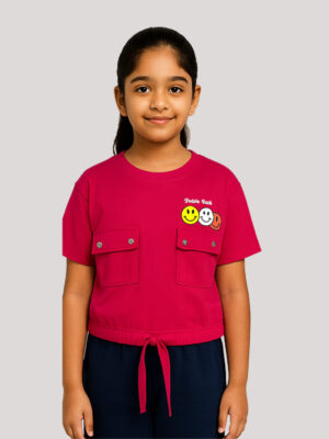 Cheerful Pink Girls’ Crop T-Shirt with Smiley Pocket Patches