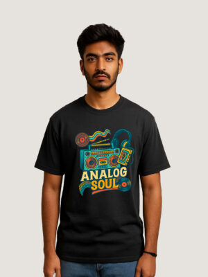 Retro Vibes Black Cotton Oversized T-Shirt with Analog Music Graphic Print for Men