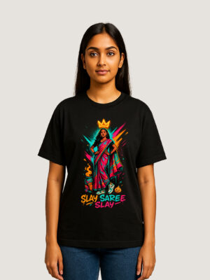 Bold Desi Fashion Tee – Neon Saree Streetwear with Pop-Art Graphic Design