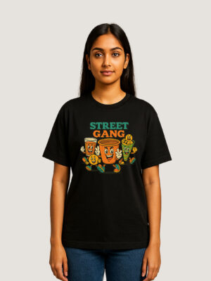 Trendy Black Graphic T-Shirt – Street Gang Chai & Snacks Desi Vibes Casual Wear