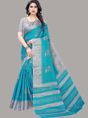 Printed Kalamkari Art Silk Saree (Blue)