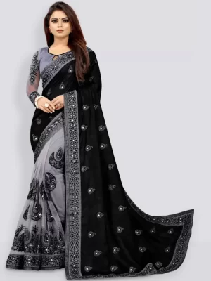 hesika Solid/Plain, Embellished Daily Wear Art Silk Saree (Black, Grey)