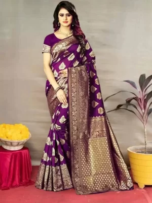 Woven Kanjivaram Silk Blend Saree (Purple, Gold)