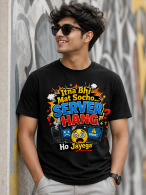 Funny Coding T-Shirt for Men – “Itna Bhi Mat Socho… Server Hang Ho Jayega” Graphic Printed Black Oversized Tee