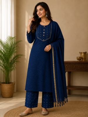 Women's Navy Blue Kurta Pant & Dupatta Set | Embroidered Ethnic Suit for Women