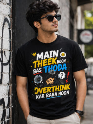Funny Overthinking Graphic T-Shirt for Men – “Main Theek Hoon… Bas Thoda Overthink Kar Raha Hoon” Printed Black Tee