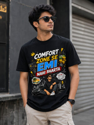 Motivational Graphic T-Shirt for Men – “Comfort Zone Se EMI Nahi Bharta” Printed Black Oversized Tee