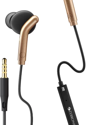 ZEBRONICS BRO Wired Earphones with Mic, 3.5mm Jack, 10mm Drivers, In-Ear Headset (Black & Gold)